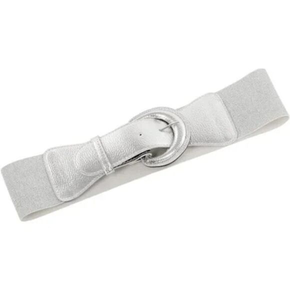 NEW WOMEN'S Wide Stretchy Cinch Belt, Silver PU Leather Metallic Silver Belt - Picture 4 of 6